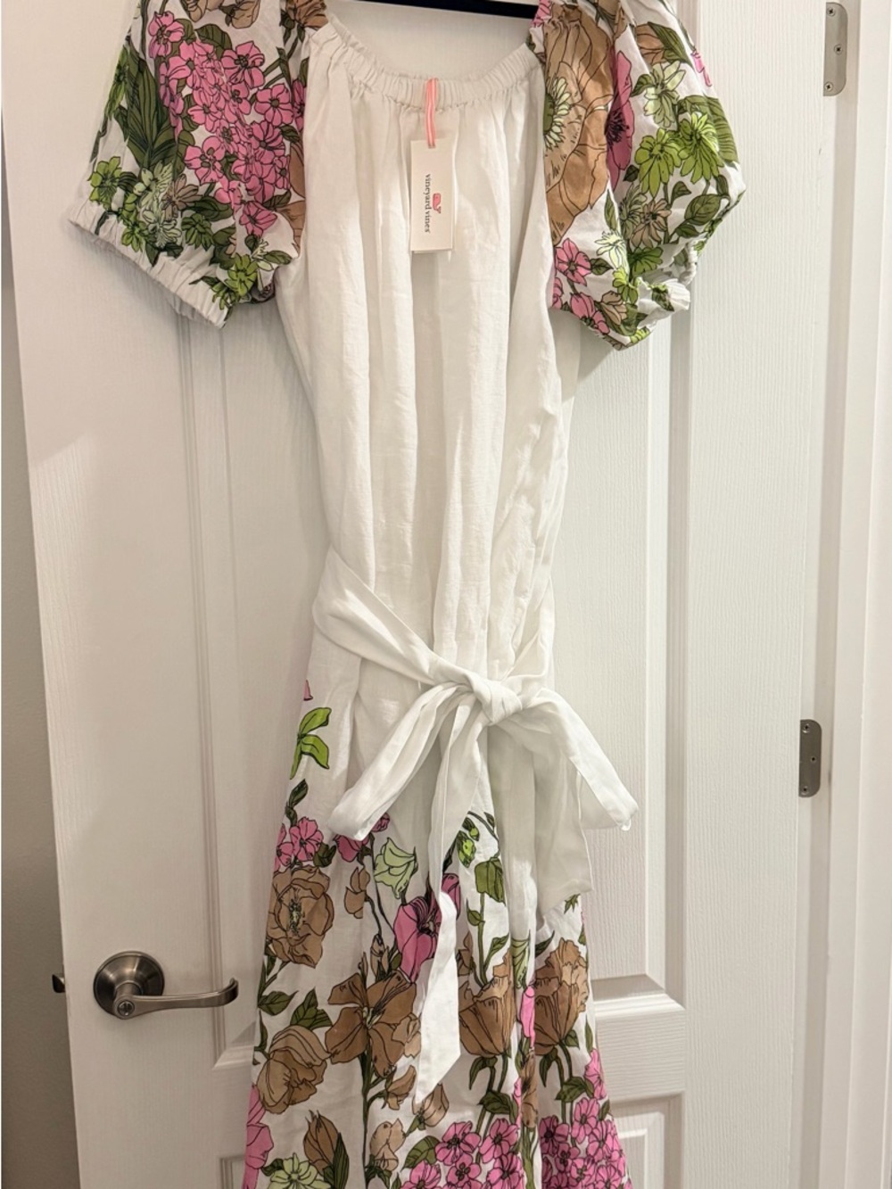 Vineyard Vines White Floral Puff-Sleeve Tie-Waist Maxi Dress - NWT